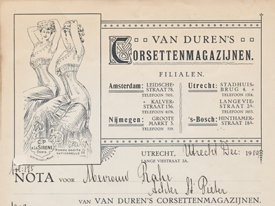 711082 Kop van een nota van Van Duren's Corsettenmagazijnen, Stadhuisbrug 4 en Lange Viestraat 2A te Utrecht, ten name ...
